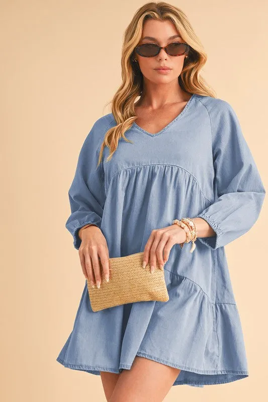 Puff Sleeve Tiered Ruffled Chambray Mini Dress sold by Charming Charlie product image thumbnail 4