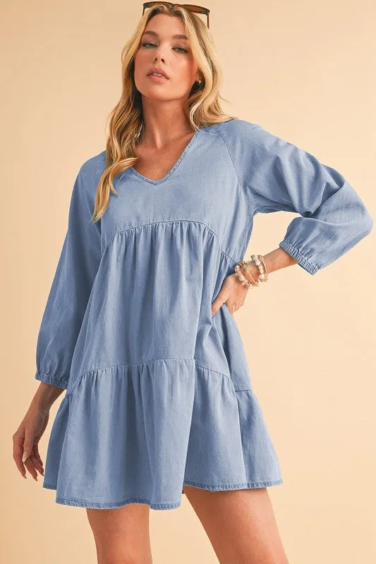 Puff Sleeve Tiered Ruffled Chambray Mini Dress sold by Charming Charlie product image thumbnail 2