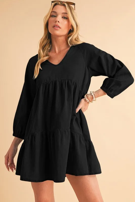 Puff Sleeve Tiered Ruffled Chambray Mini Dress sold by Charming Charlie