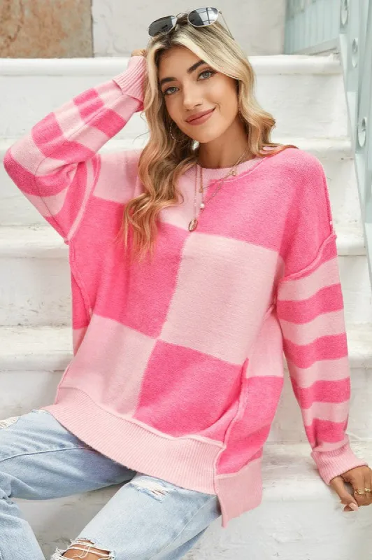 Checkered Color Block Striped High Low Sweater sold by Charming Charlie