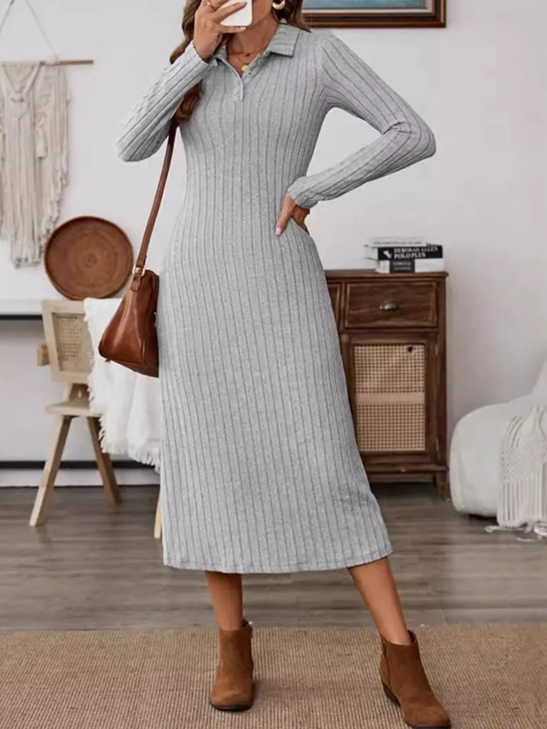 Collared Neck Long Sleeve Midi Dress sold by Charming Charlie product image thumbnail 2