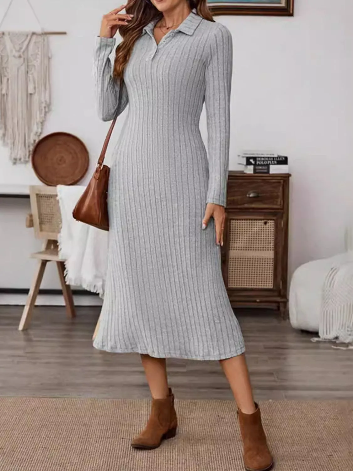 Collared Neck Long Sleeve Midi Dress sold by Charming Charlie product image thumbnail 4