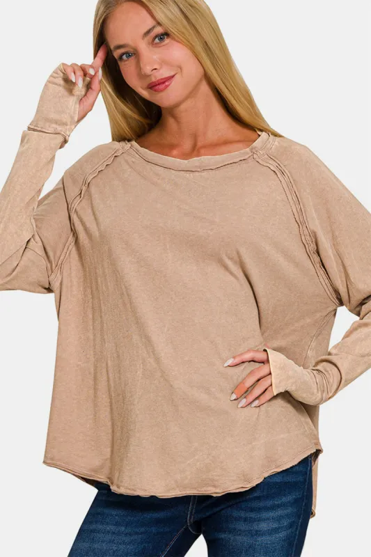 Zenana Round Neck Thumbhole Long Sleeve T-Shirt sold by Charming Charlie
