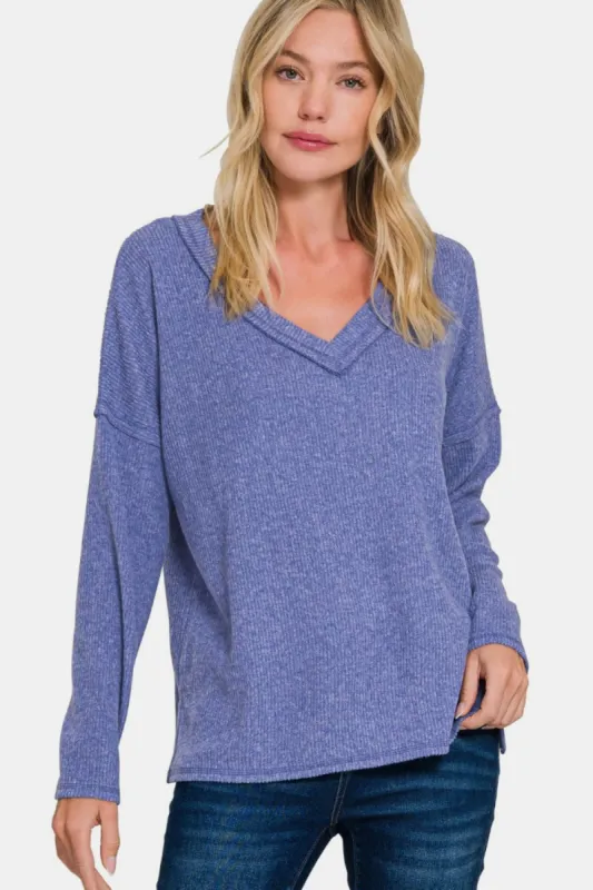 Zenana Full Size Ribbed V-Neck Drop Shoulder Top sold by Charming Charlie