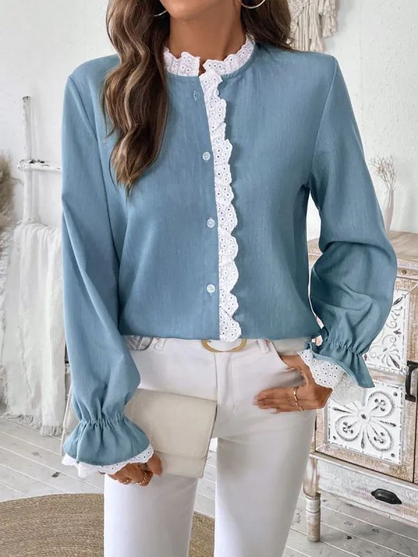 Perfee Lace Detail Button Down Long Sleeve Shirt sold by Charming Charlie