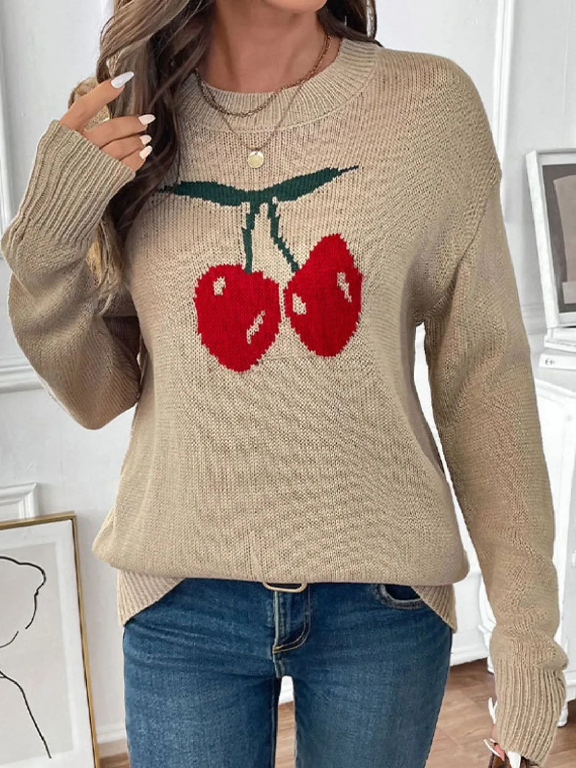 Perfee Cherry Round Neck Long Sleeve Sweater sold by Charming Charlie product image thumbnail 4