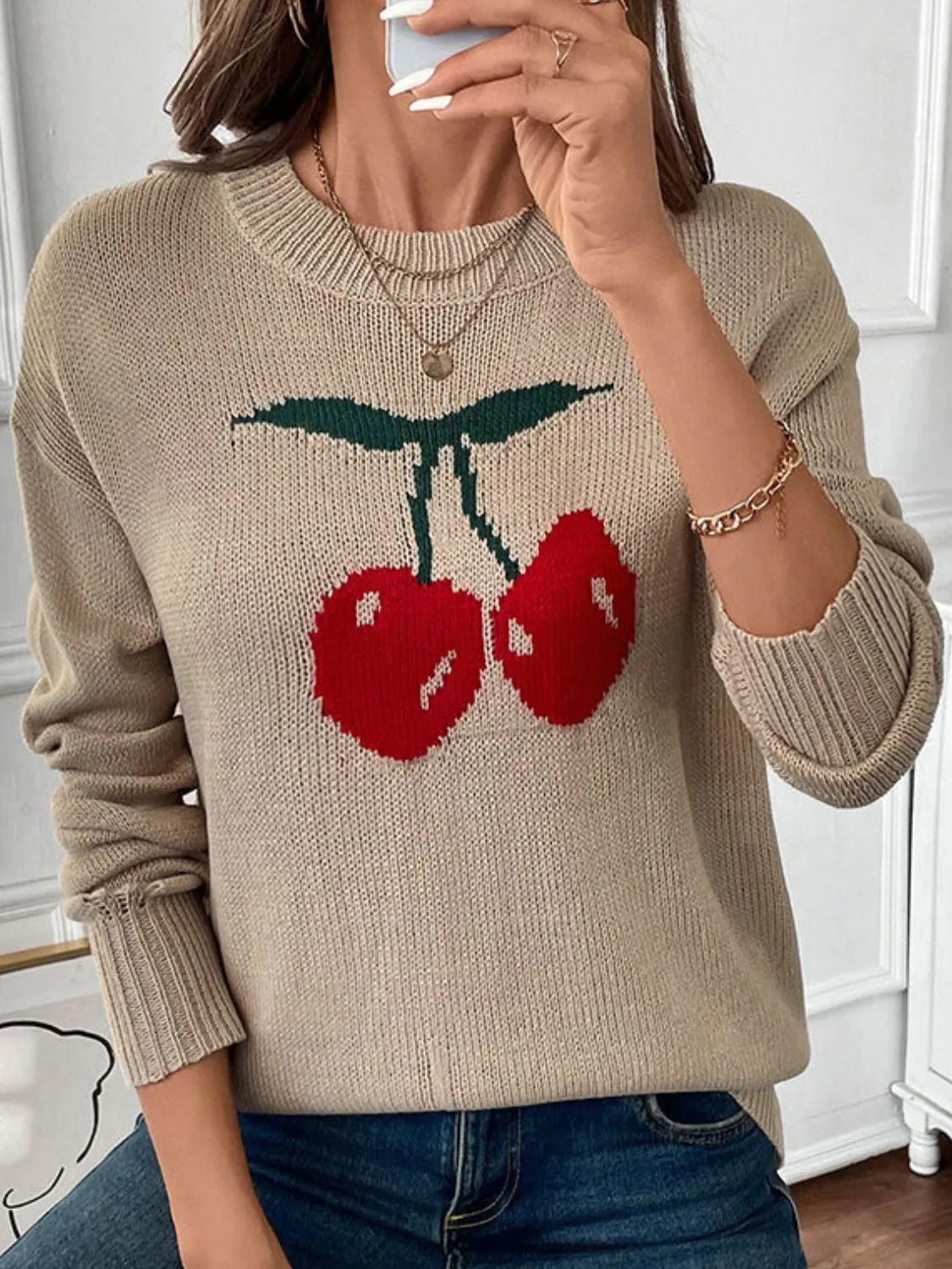 Perfee Cherry Round Neck Long Sleeve Sweater sold by Charming Charlie product image thumbnail 3