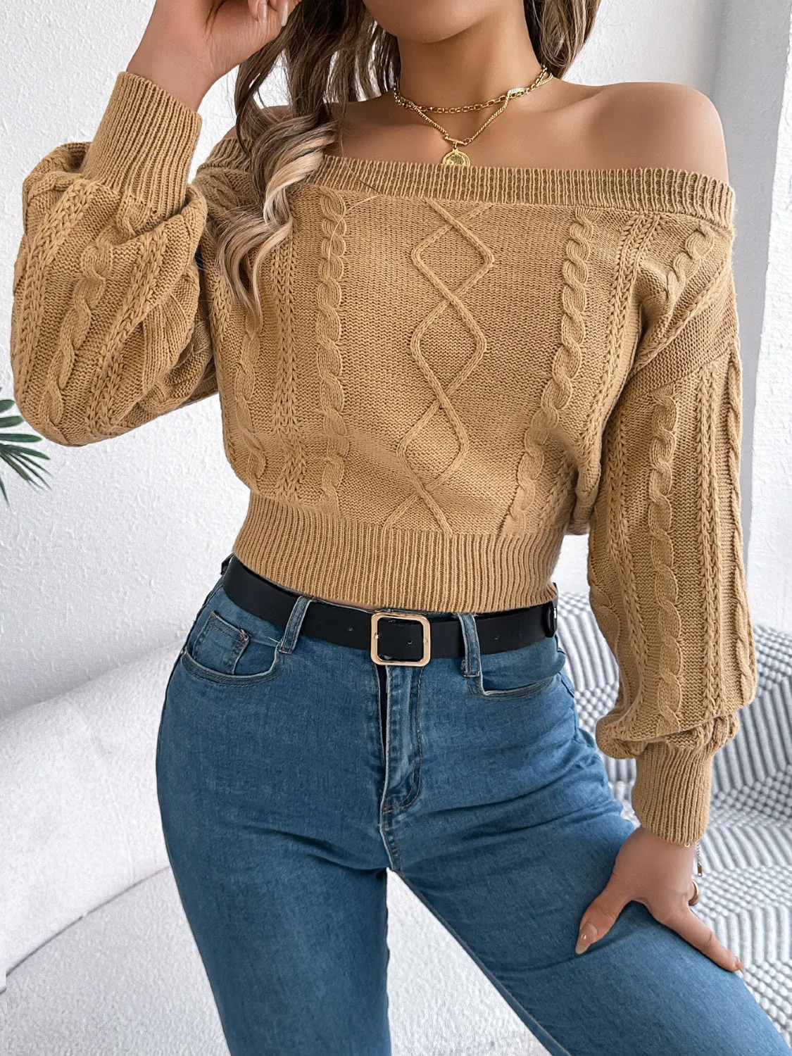 Cable Knit Off-Shoulder Long Sleeve Sweater sold by Charming Charlie