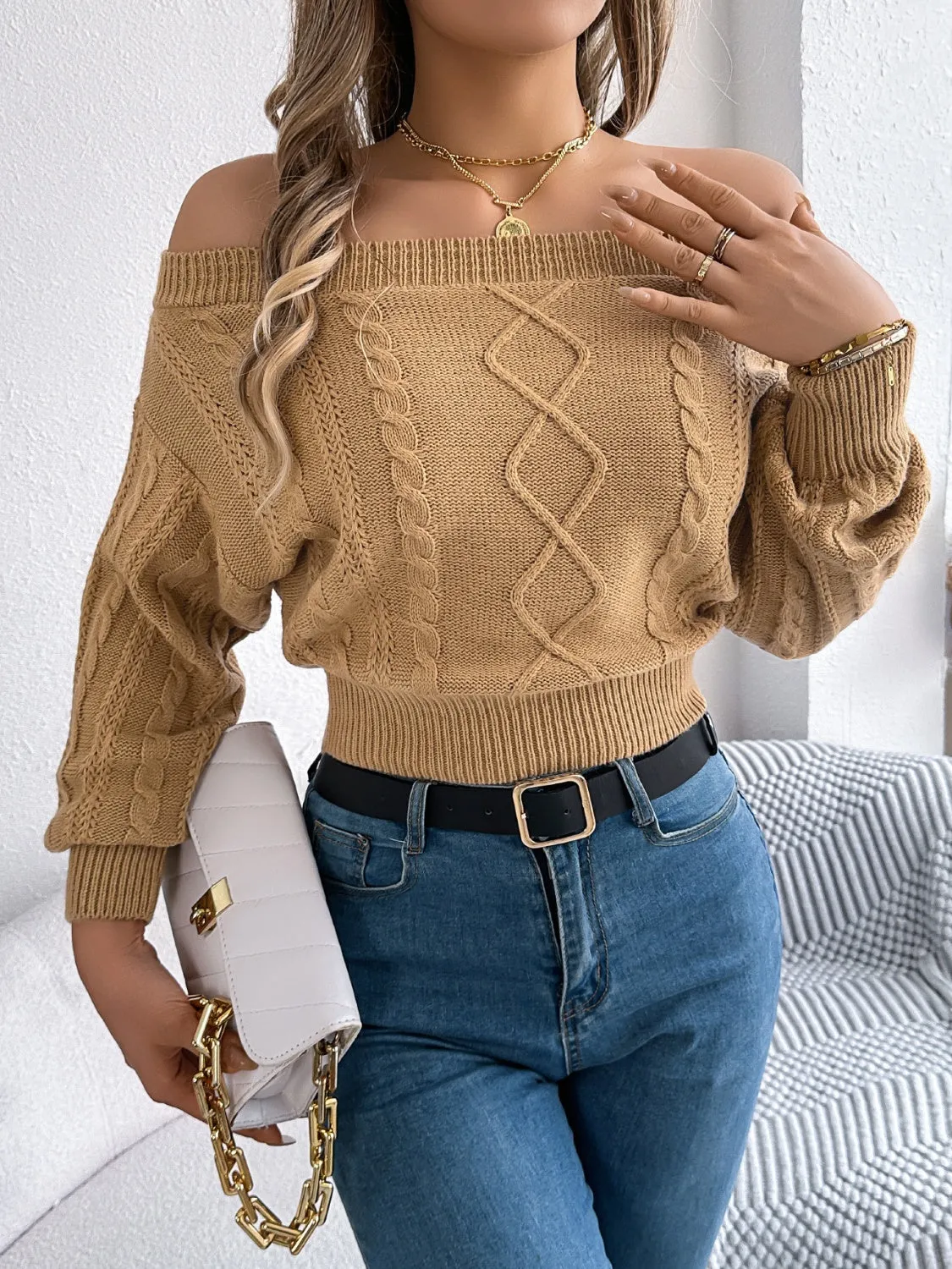 Cable Knit Off-Shoulder Long Sleeve Sweater sold by Charming Charlie product image thumbnail 5