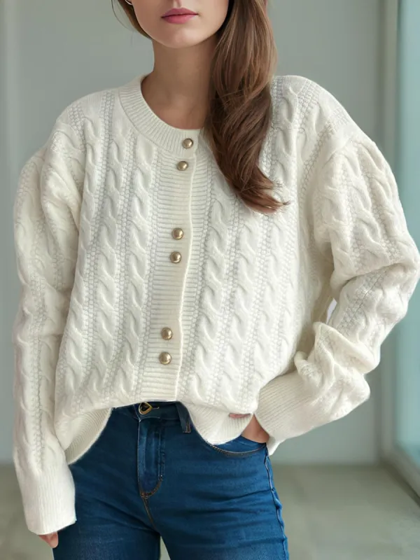 Cable-Knit Round Neck Long Sleeve Cardigan sold by Charming Charlie
