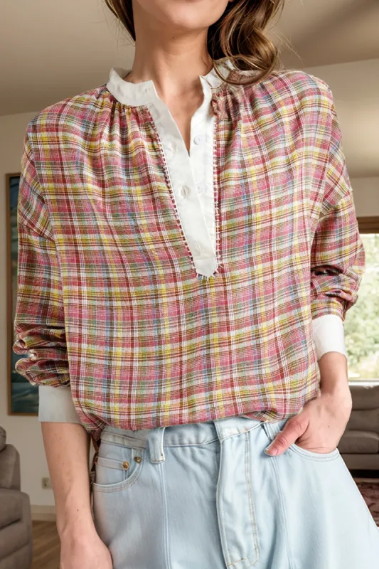 Plaid Half Button Long Sleeve Blouse sold by Charming Charlie
