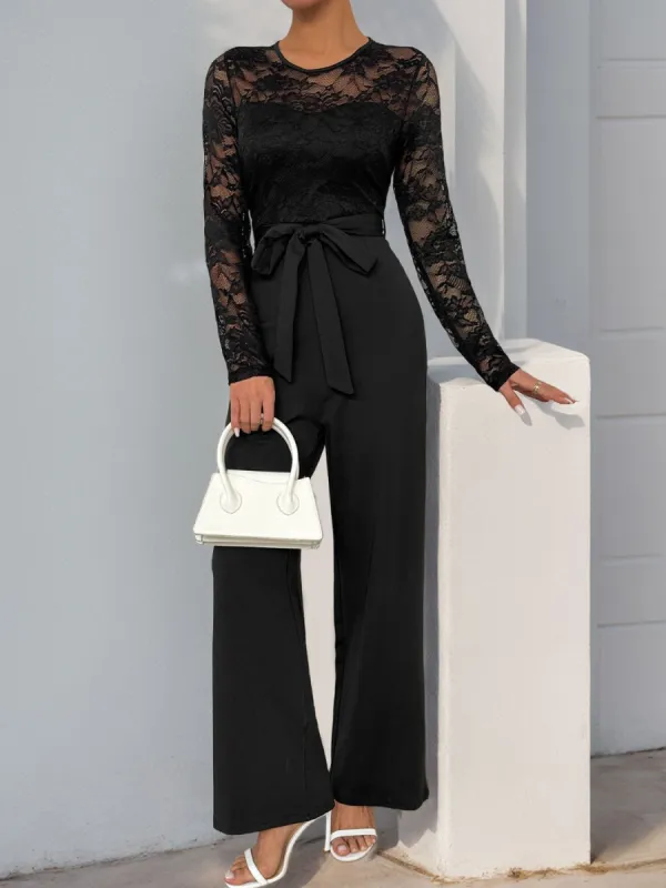 Perfee Lace Round Neck Long Sleeve Jumpsuit sold by Charming Charlie