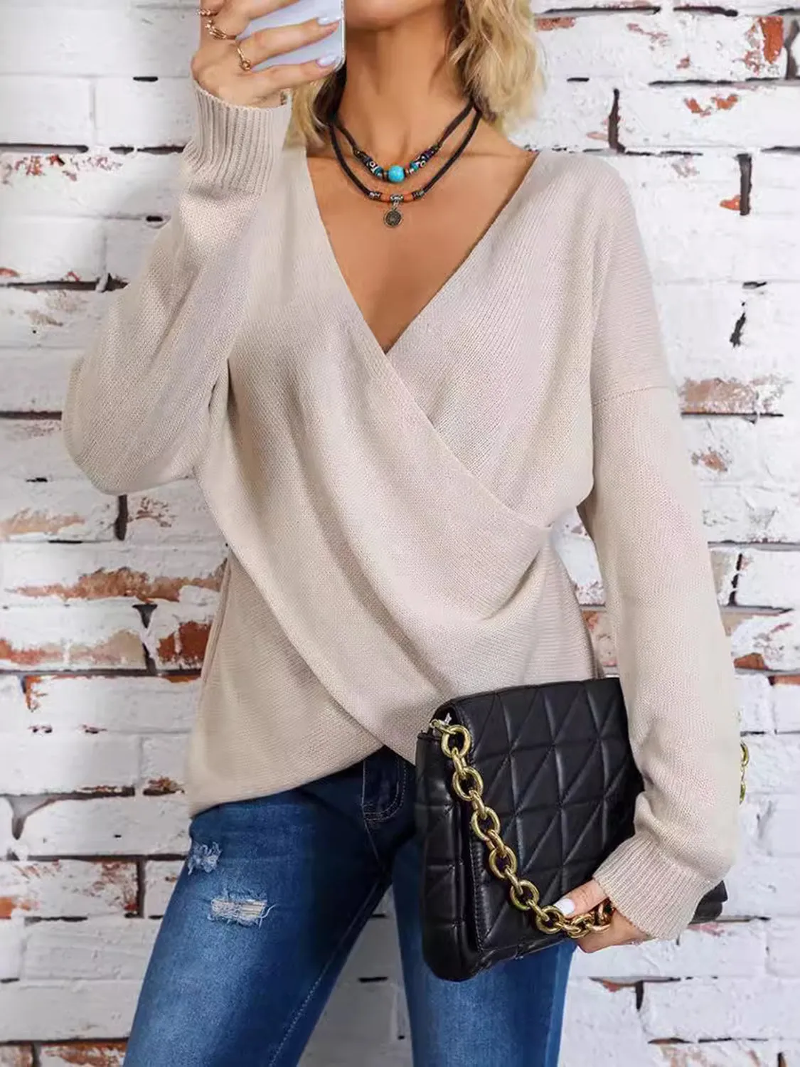 Surplice Dropped Shoulder Long Sleeve Sweater sold by Charming Charlie