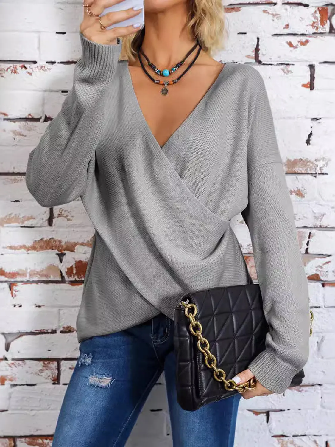 Surplice Dropped Shoulder Long Sleeve Sweater sold by Charming Charlie product image thumbnail 5