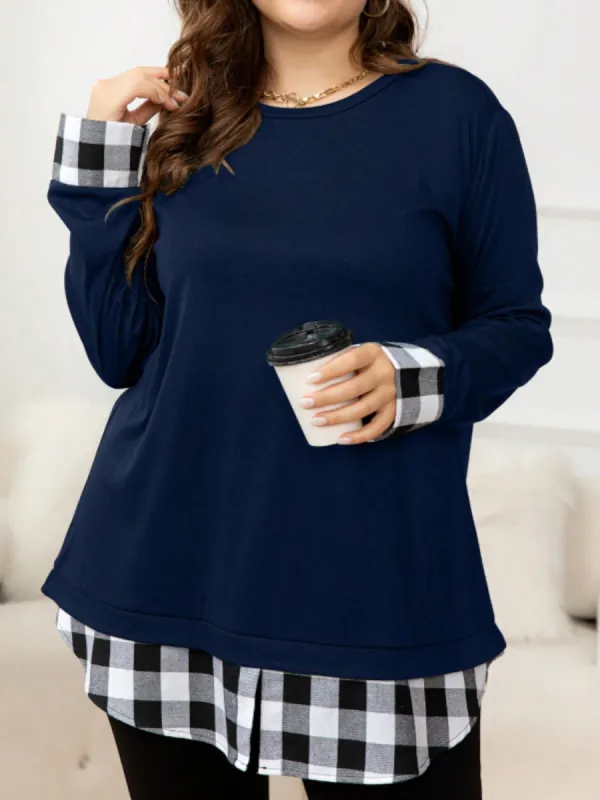 Plus Size Plaid Hem Round Neck Long Sleeve Sweatshirt sold by Charming Charlie