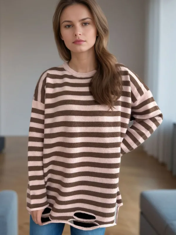 Distressed Striped Round Neck Long Sleeve Sweater sold by Charming Charlie
