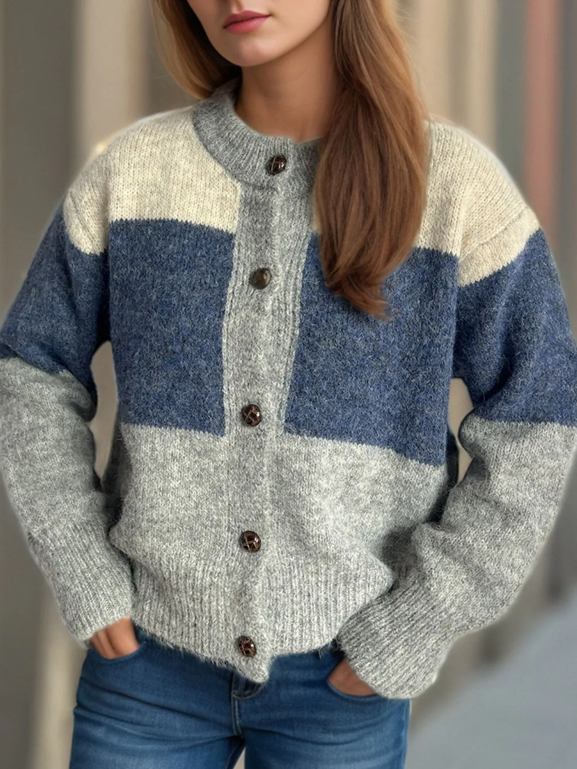 Color Block Round Neck Button Up Cardigan sold by Charming Charlie product image thumbnail 4