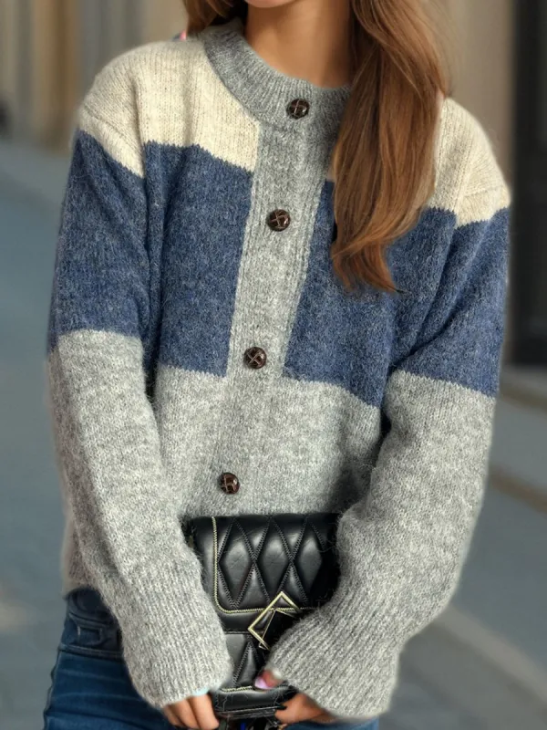 Color Block Round Neck Button Up Cardigan sold by Charming Charlie