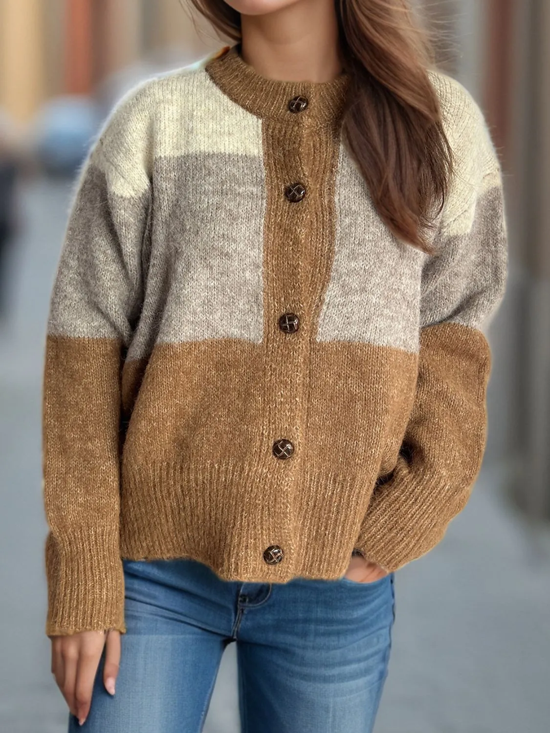 Color Block Round Neck Button Up Cardigan sold by Charming Charlie product image thumbnail 5