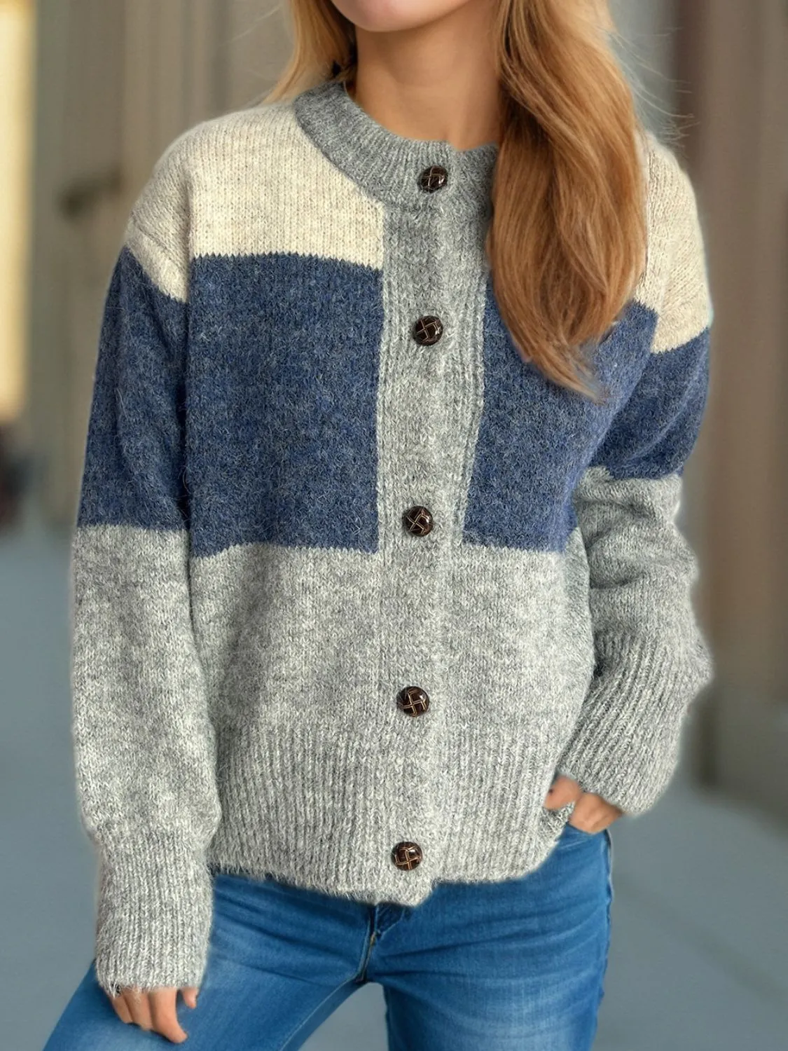 Color Block Round Neck Button Up Cardigan sold by Charming Charlie product image thumbnail 2