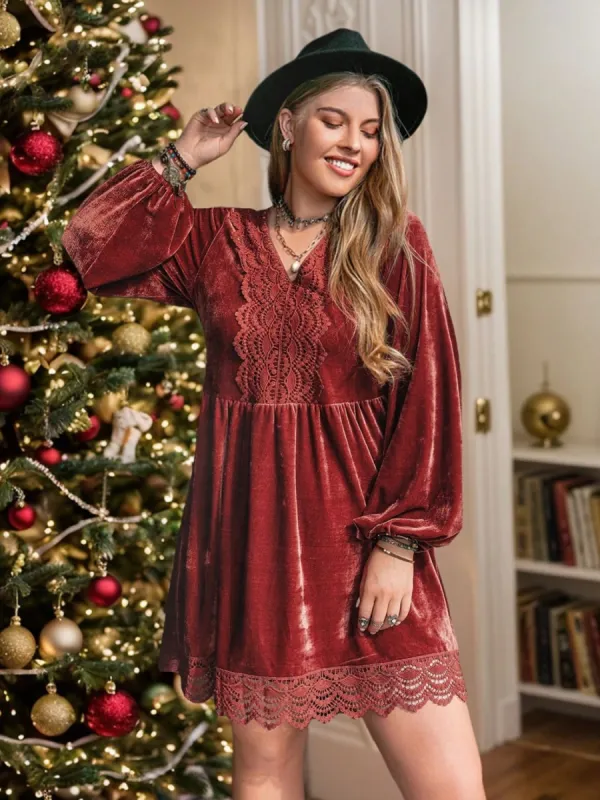 Plus Size Lace Detail V-Neck Long Sleeve Mini Dress sold by Charming Charlie
