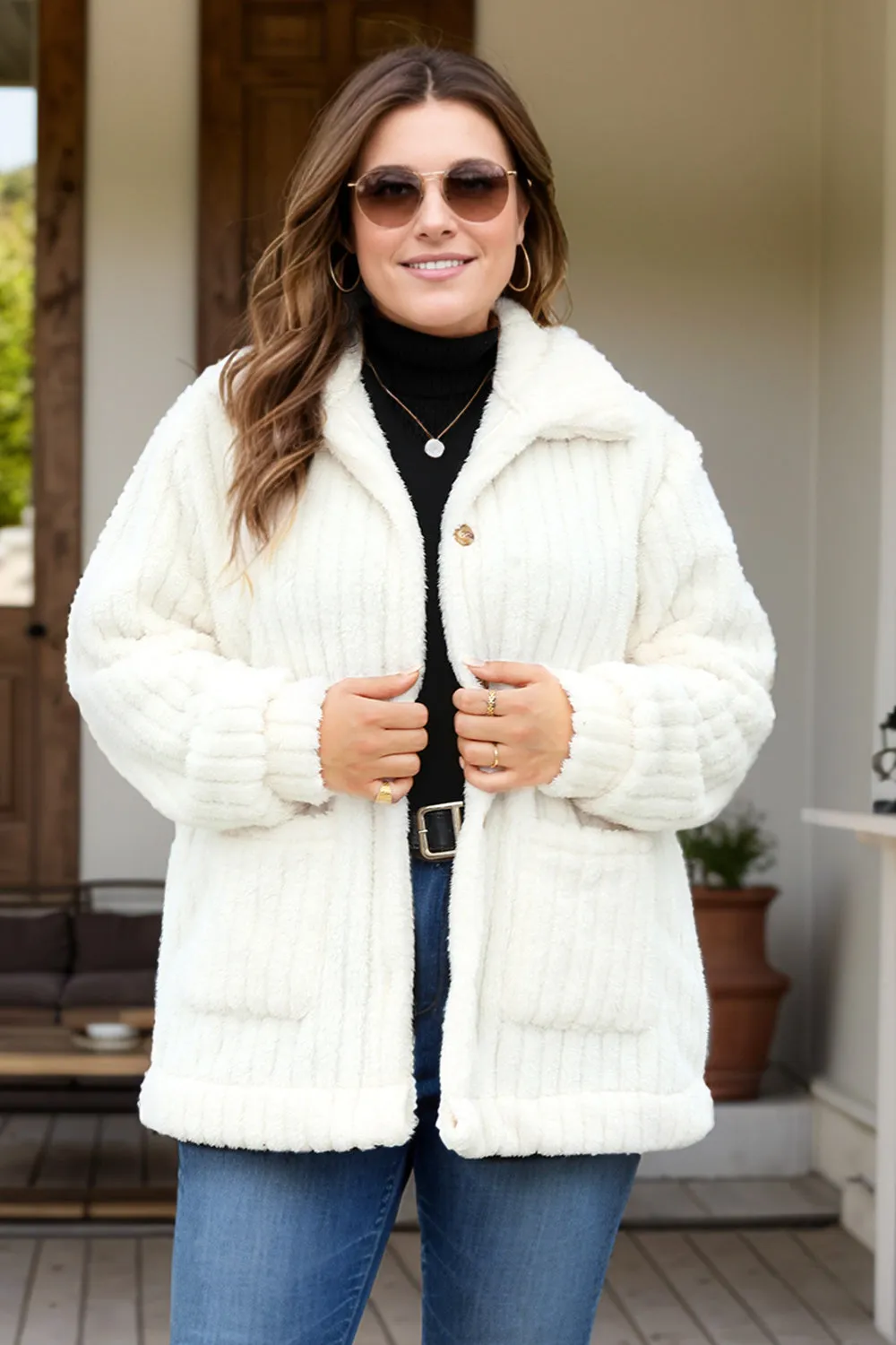 Plus Size Collared Neck Button Down Fuzzy Outerwear sold by Charming Charlie
