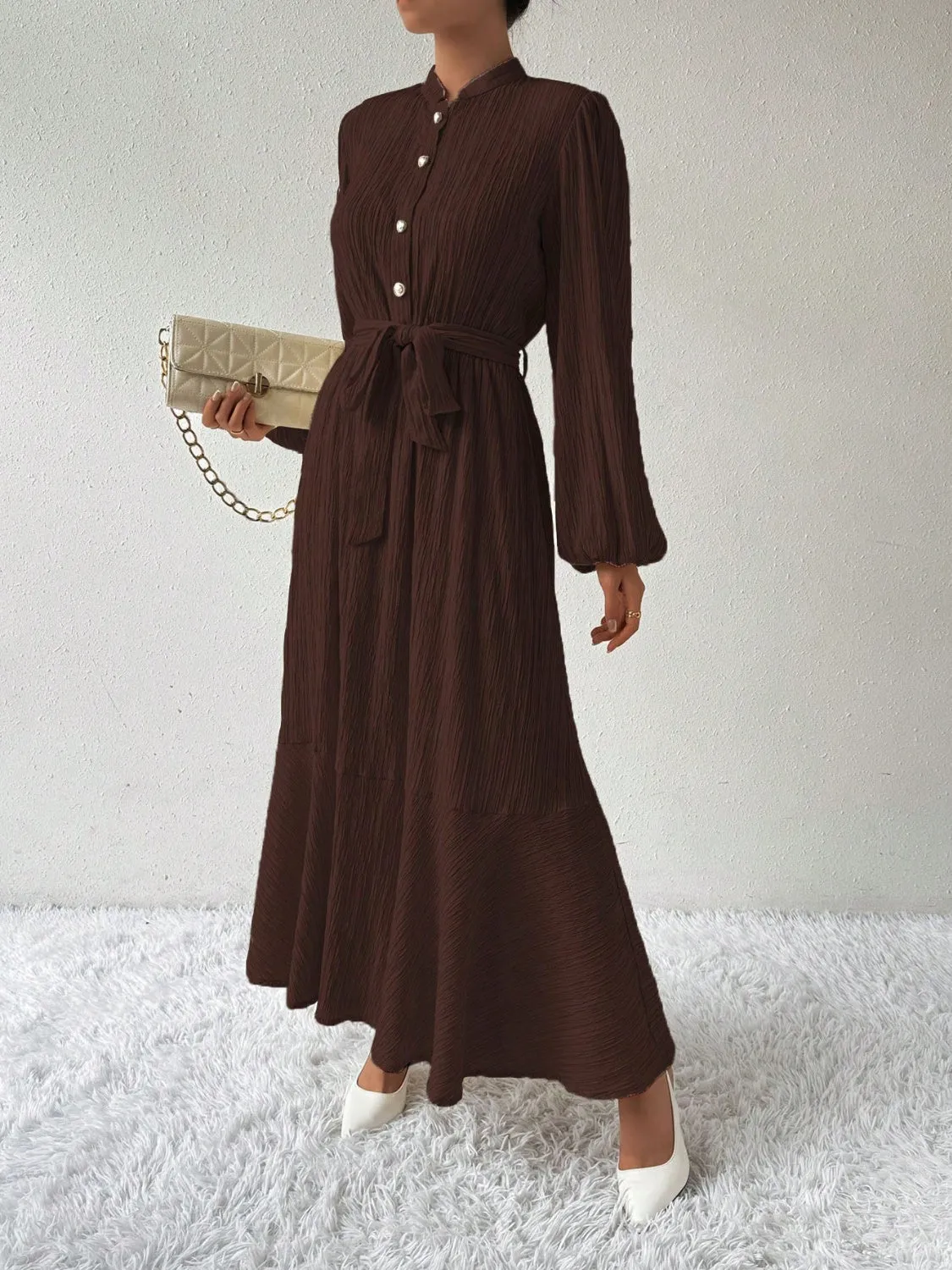 Half Button Tie Waist Long Sleeve Maxi Dress sold by Charming Charlie product image thumbnail 4