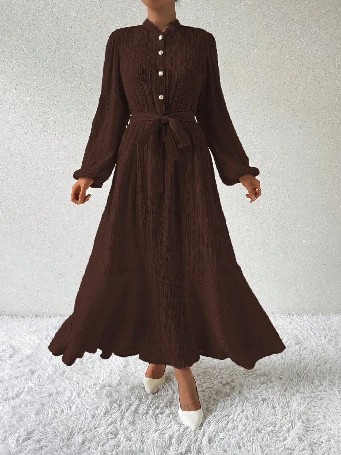 Half Button Tie Waist Long Sleeve Maxi Dress sold by Charming Charlie