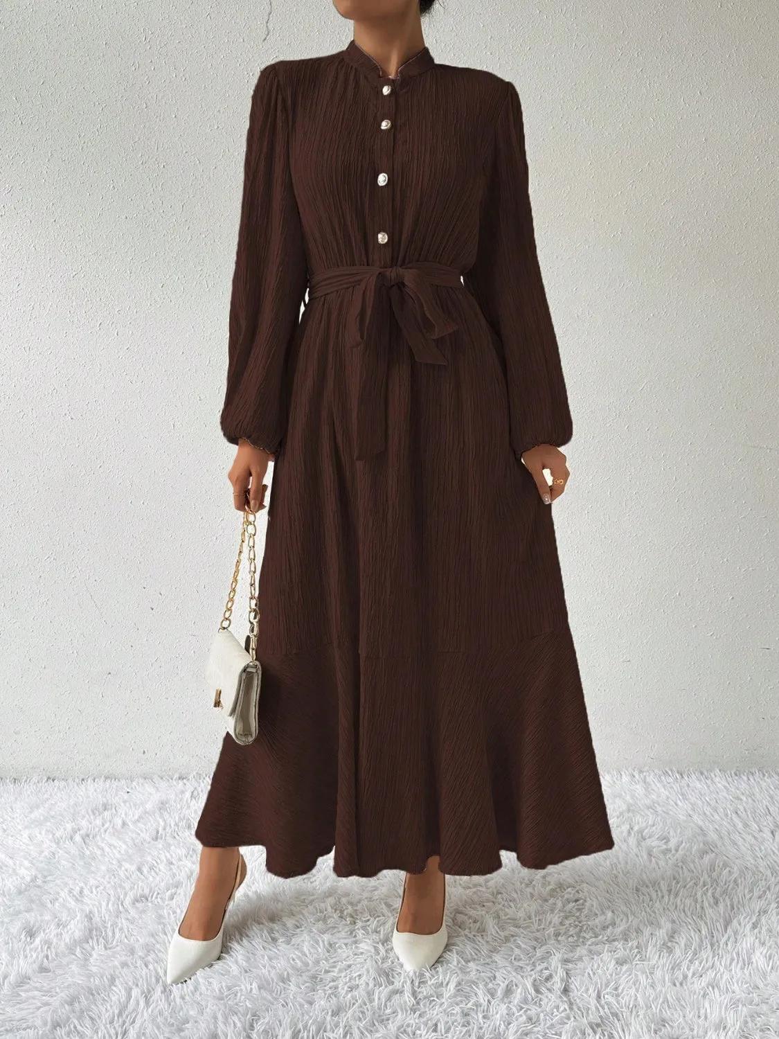 Half Button Tie Waist Long Sleeve Maxi Dress sold by Charming Charlie product image thumbnail 5