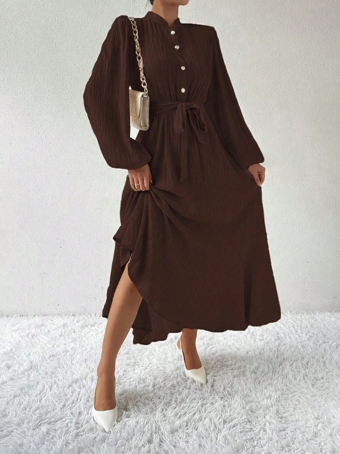 Half Button Tie Waist Long Sleeve Maxi Dress sold by Charming Charlie product image thumbnail 3