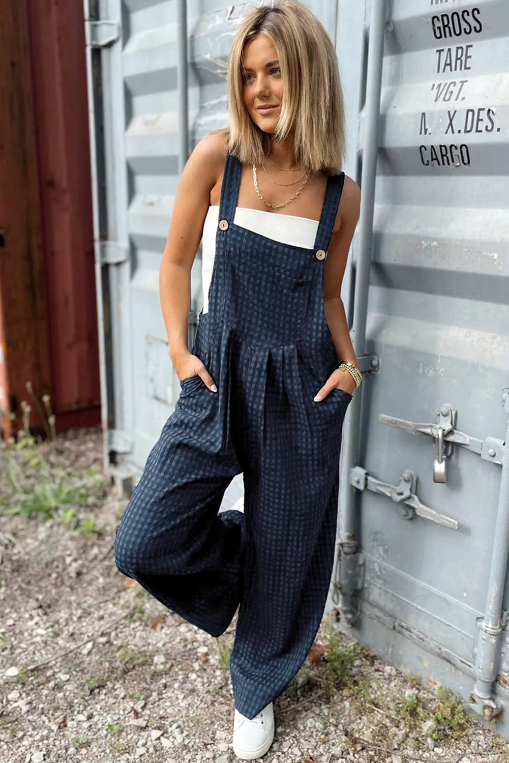 Plaid Wide Strap Wide Leg Overalls sold by Charming Charlie product image thumbnail 4