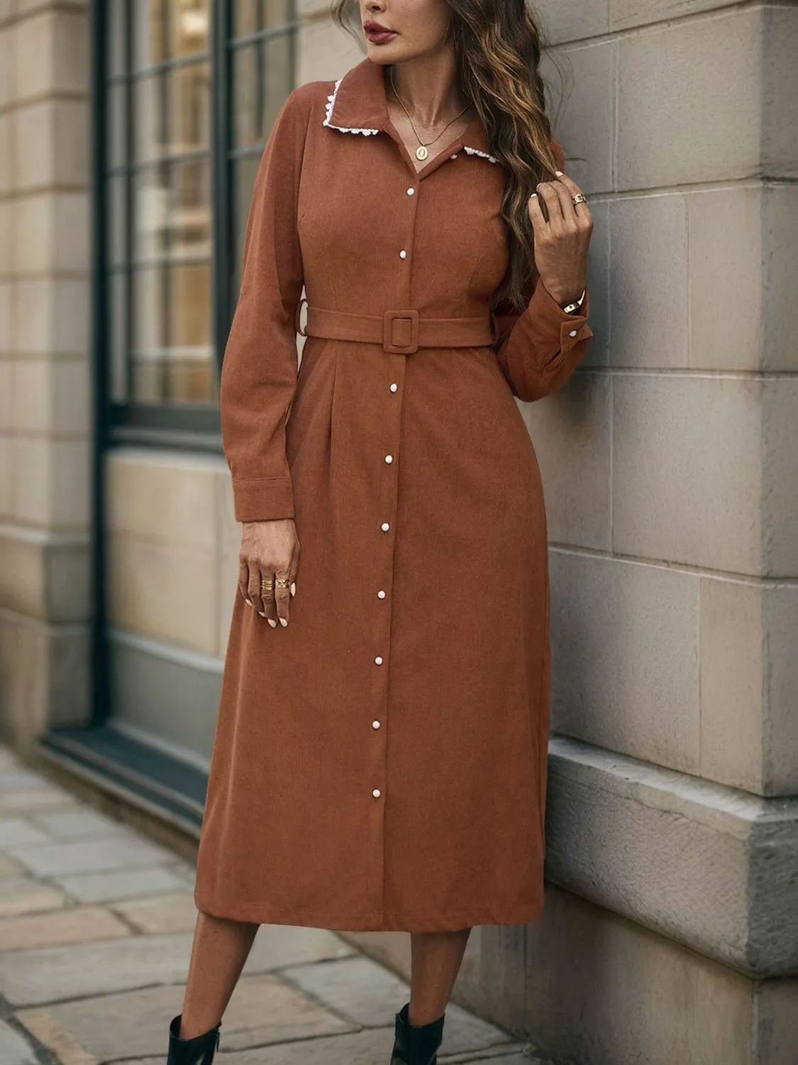 Perfee Lace Detail Collared Neck Long Sleeve Midi Dress sold by Charming Charlie product image thumbnail 4