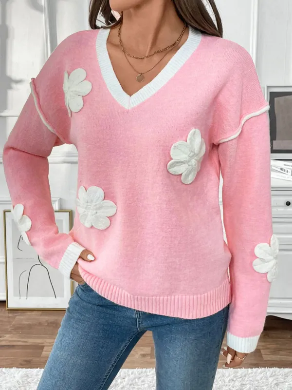 Perfee Flower V-Neck Long Sleeve Sweater sold by Charming Charlie