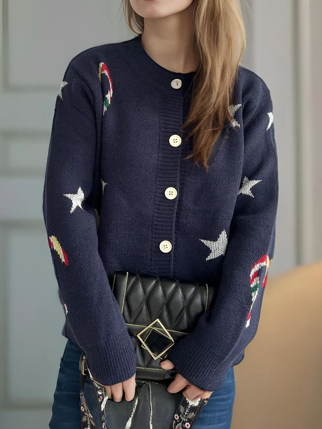 Candy Cane & Star Button Down Long Sleeve Cardigan sold by Charming Charlie