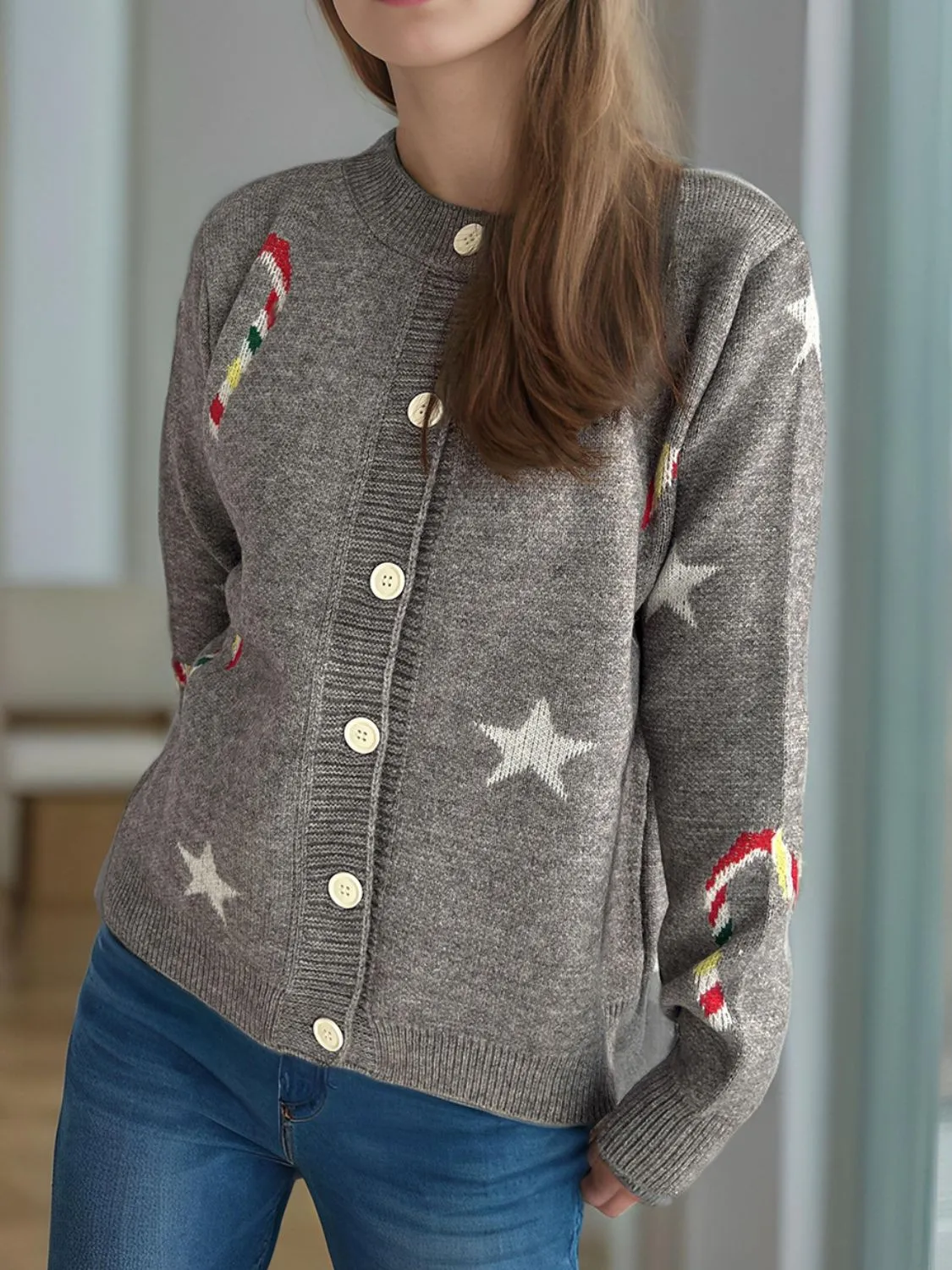 Candy Cane & Star Button Down Long Sleeve Cardigan sold by Charming Charlie product image thumbnail 5