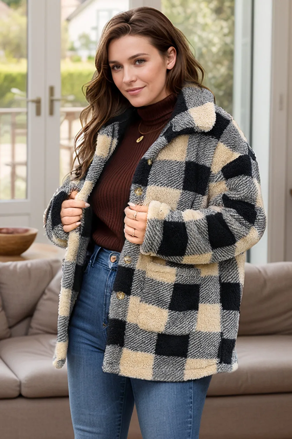 Plus Size Plaid Button Up Long Sleeve Coat sold by Charming Charlie product image thumbnail 3