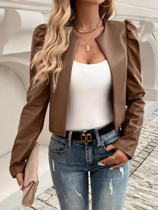 PU Leather Open Front Puff Sleeve Jacket sold by Charming Charlie