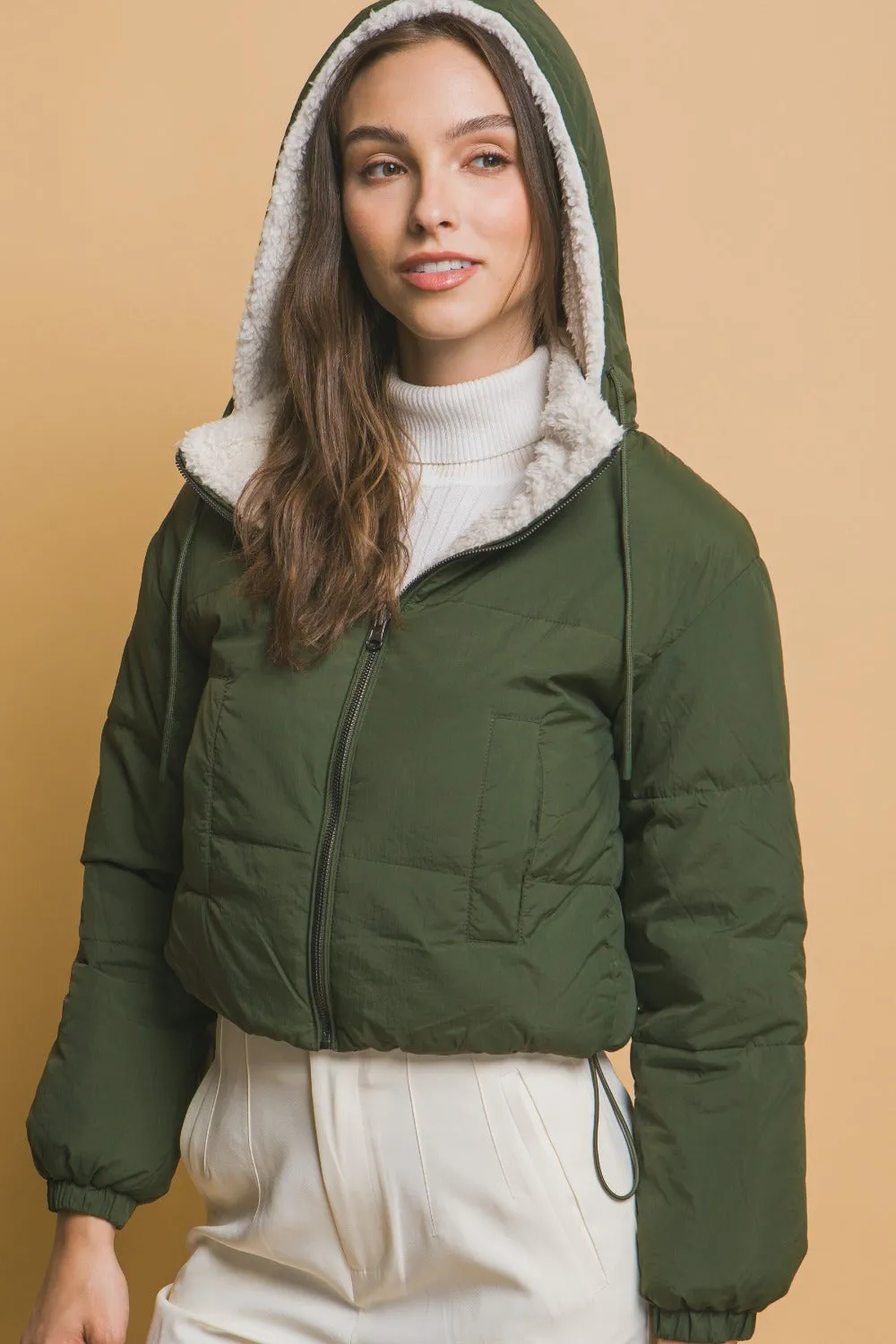 Love Tree Zip Up Cropped Hooded Sherpa Reversible Jacket sold by Charming Charlie product image thumbnail 4