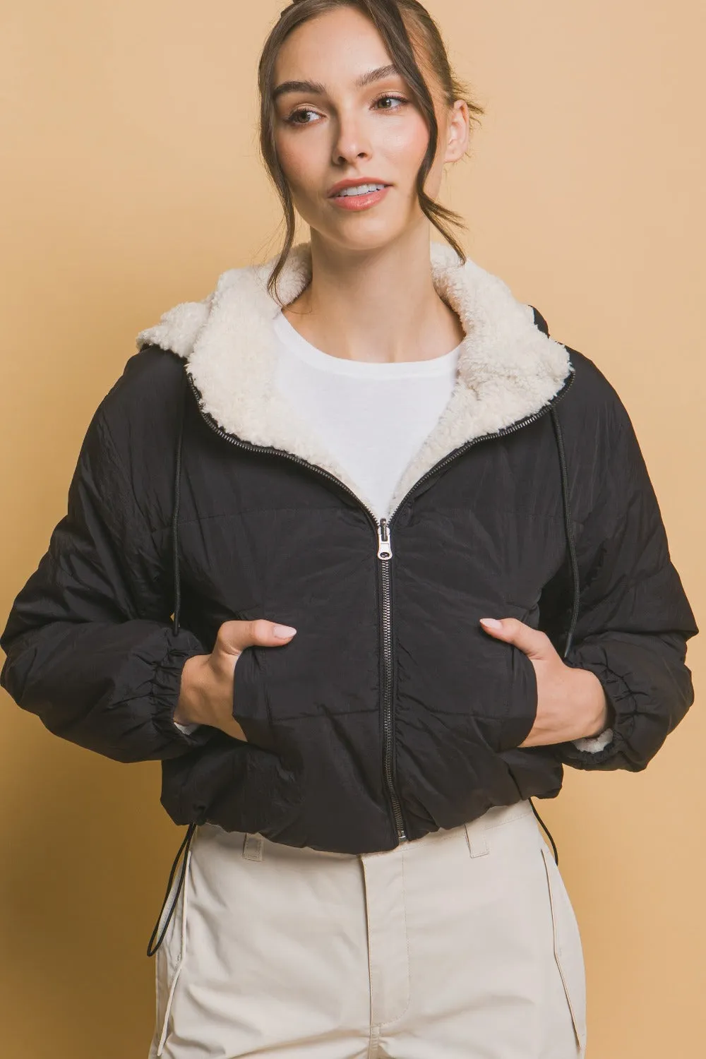 Love Tree Zip Up Cropped Hooded Sherpa Reversible Jacket sold by Charming Charlie product image thumbnail 3