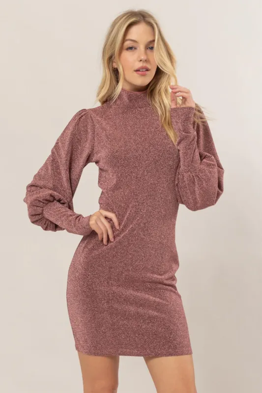 HYFVE Glitter Mock Neck Long Sleeve Mini Dress sold by Charming Charlie