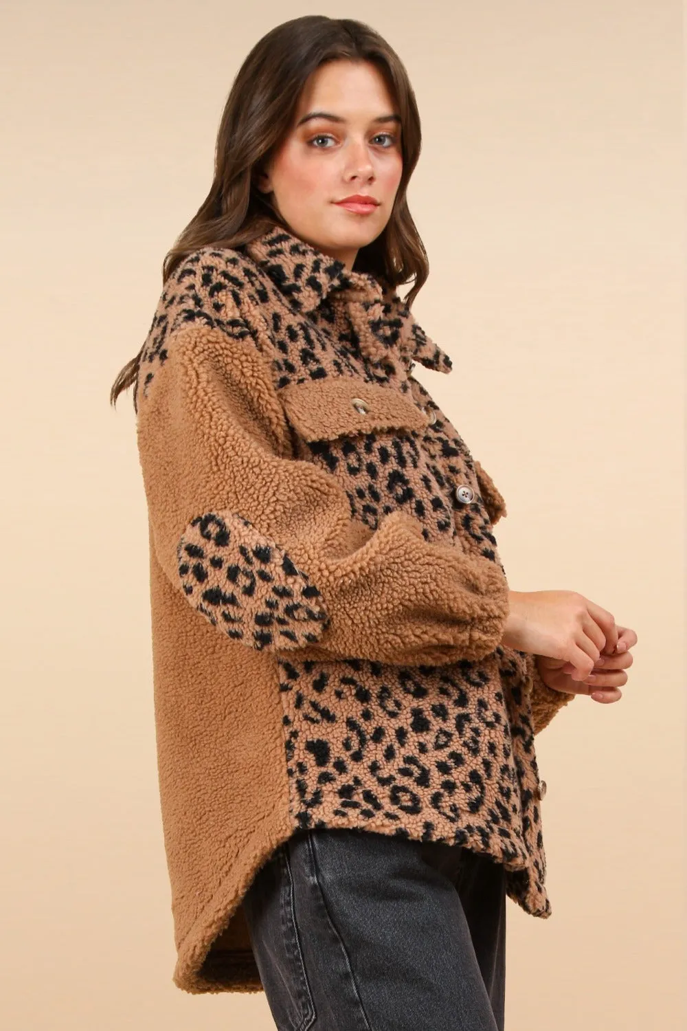 VERY J Fuzzy Leopard Button Down Long Sleeve Jacket sold by Charming Charlie product image thumbnail 3