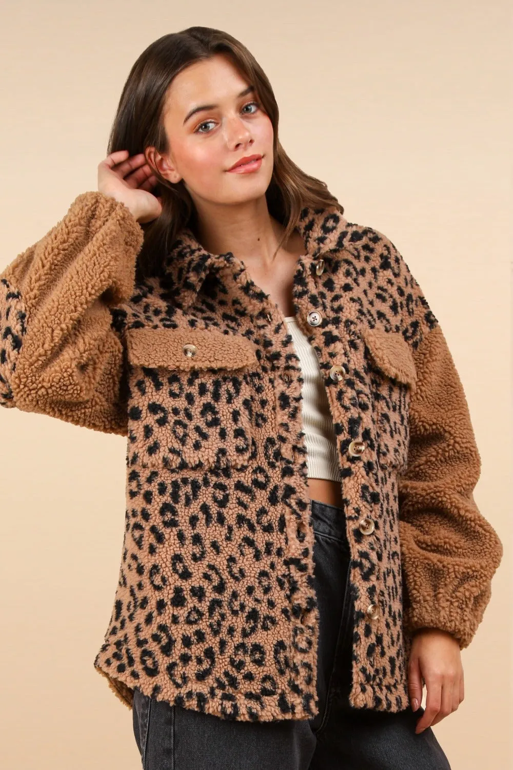 VERY J Fuzzy Leopard Button Down Long Sleeve Jacket sold by Charming Charlie product image thumbnail 4