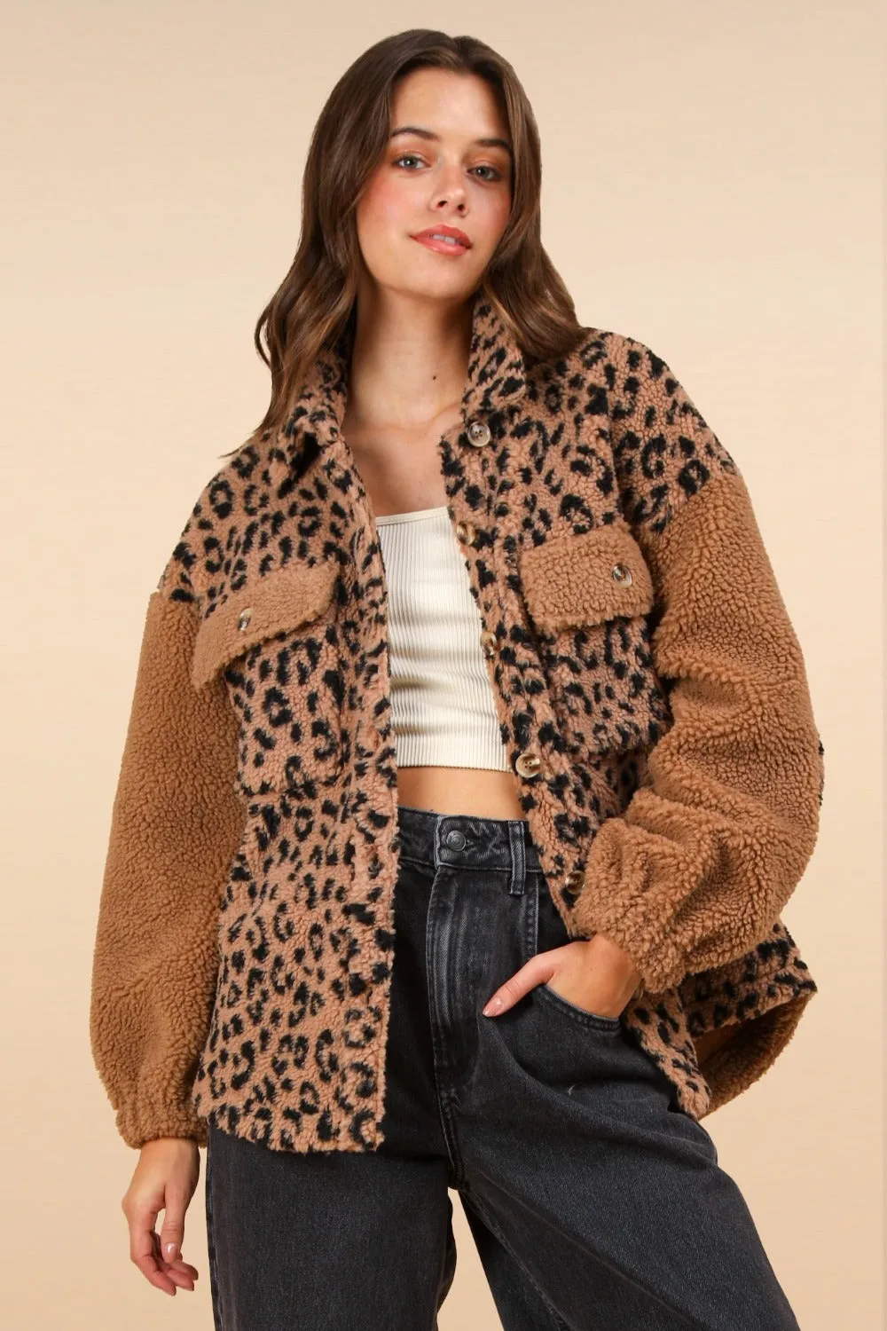 VERY J Fuzzy Leopard Button Down Long Sleeve Jacket sold by Charming Charlie
