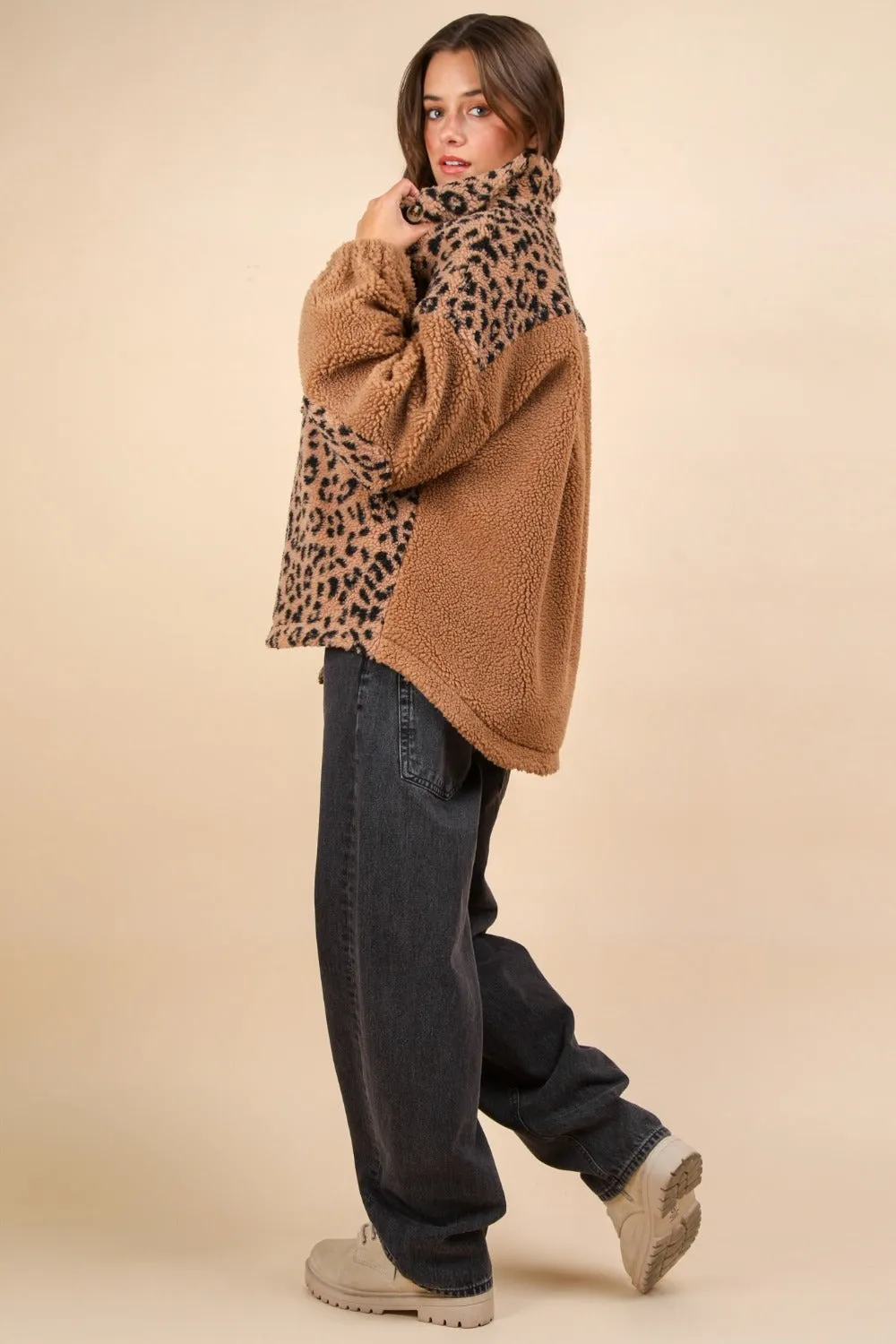 VERY J Fuzzy Leopard Button Down Long Sleeve Jacket sold by Charming Charlie product image thumbnail 5