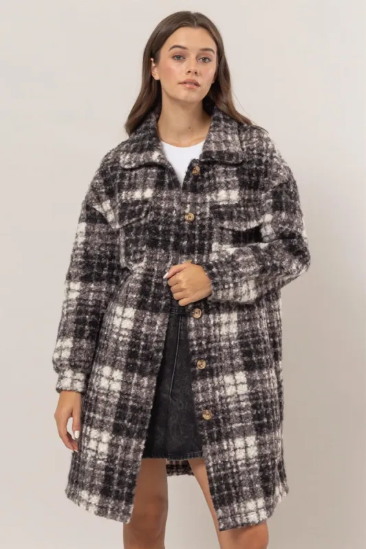 HYFVE Plaid Button Down Longline Shacket sold by Charming Charlie