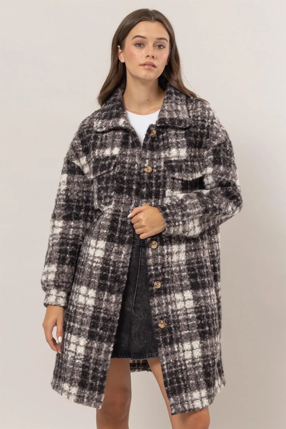 HYFVE Plaid Button Down Longline Shacket sold by Charming Charlie