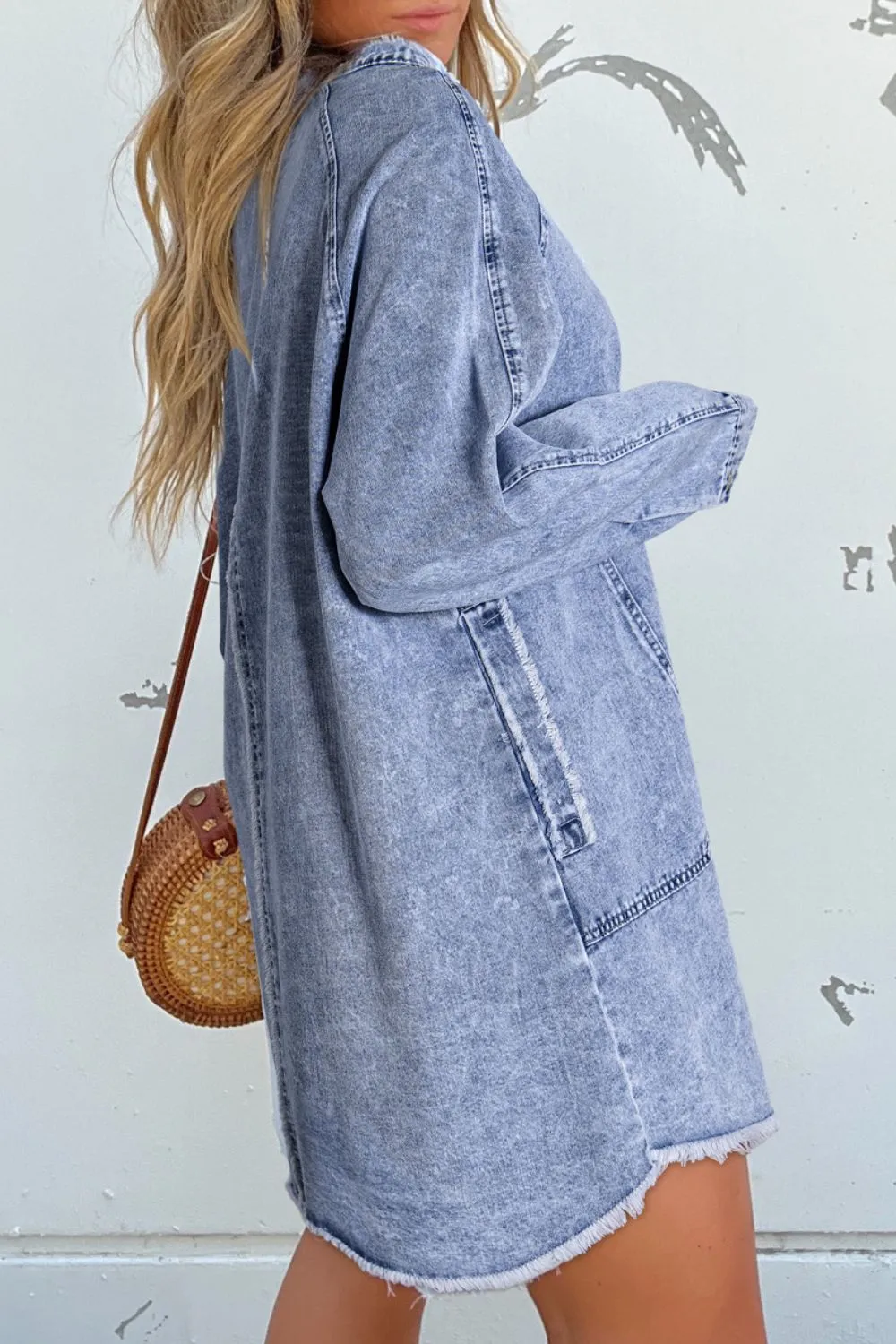 Raw Hem Button Down Long Sleeve Denim Dress sold by Charming Charlie product image thumbnail 4