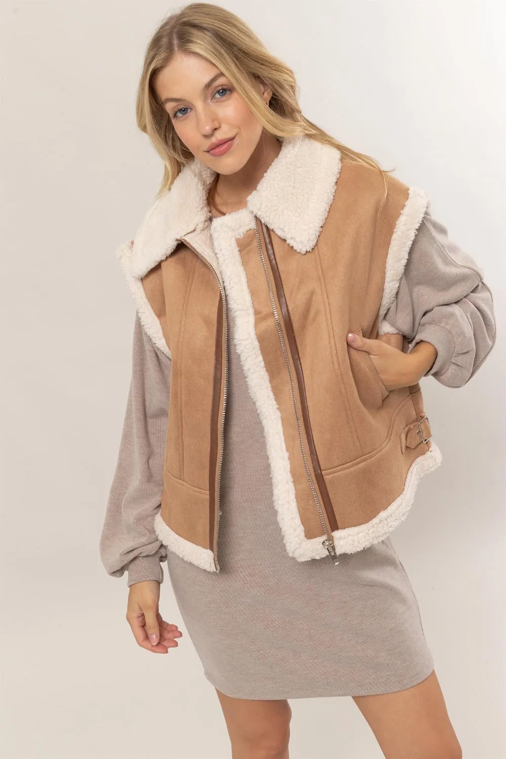 HYFVE Fur-Contrast Zip Up Suede Vest sold by Charming Charlie