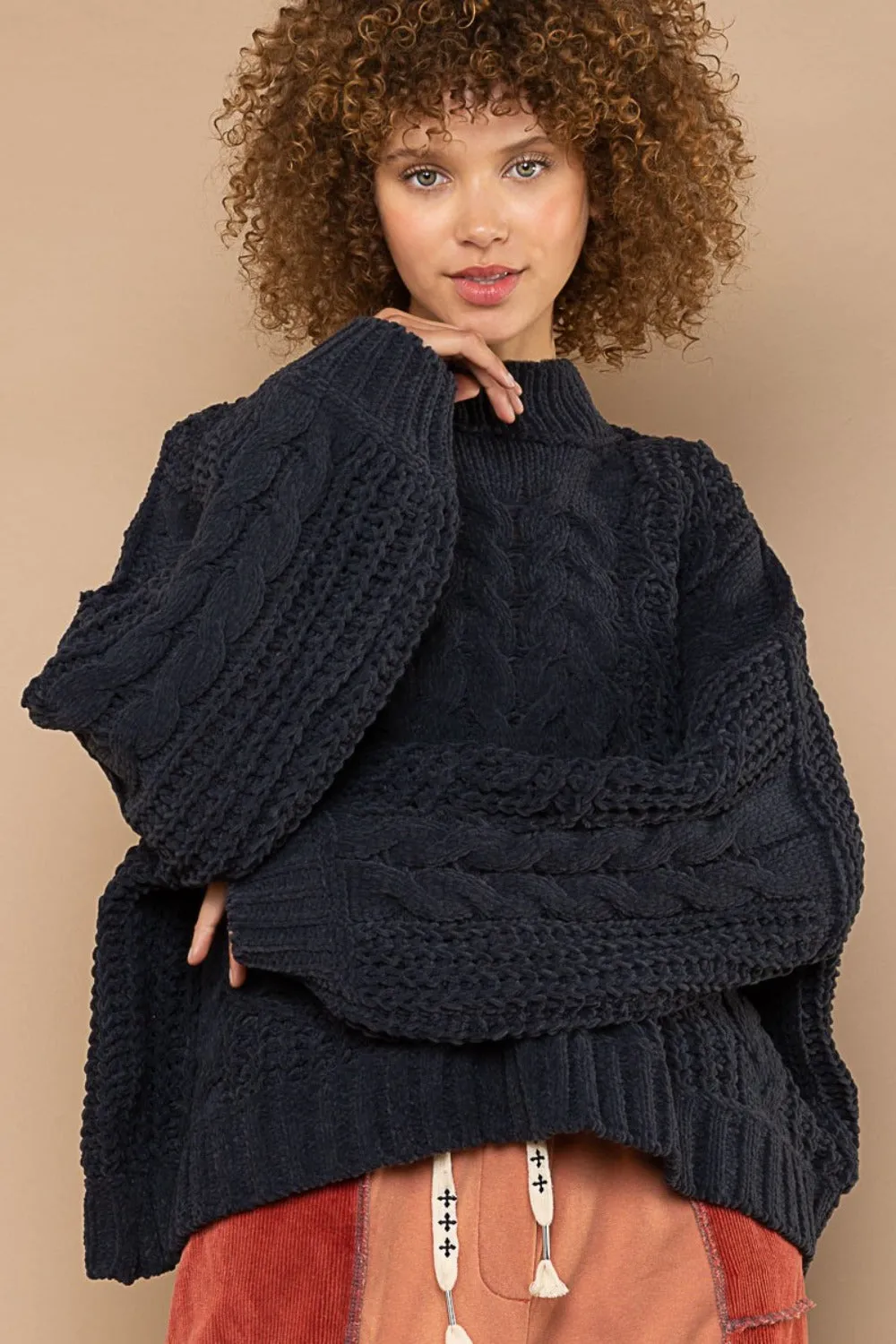 POL Mock Neck Cable Knit Sweater sold by Charming Charlie