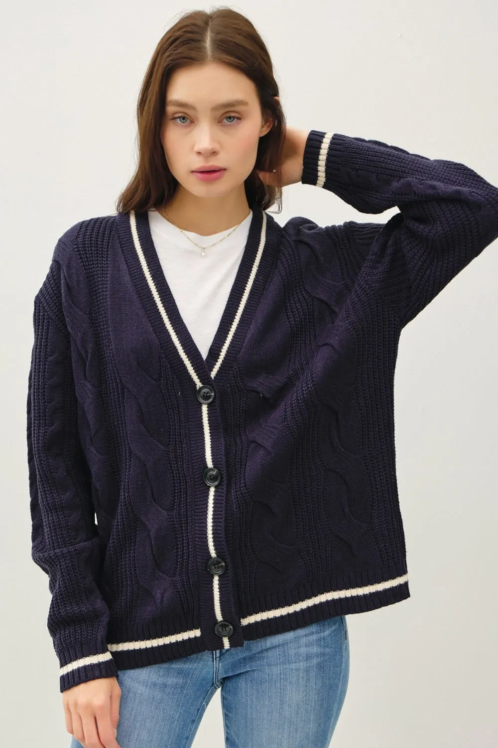 Be Cool Contrast Trim Cable-Knit V-Neck Cardigan sold by Charming Charlie